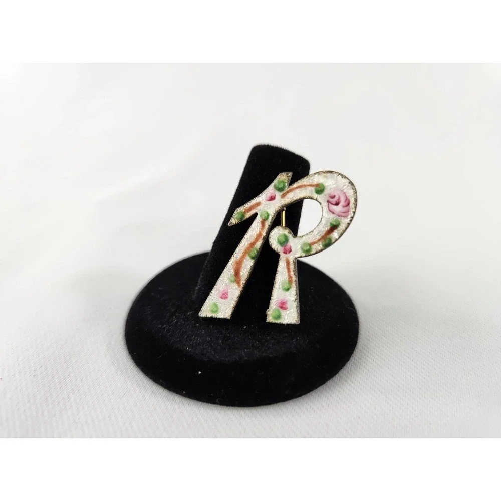 Vintage R Initial Guilloche Letter Brooch Pink Roses Vine Gold Tone Enamel Pin‎